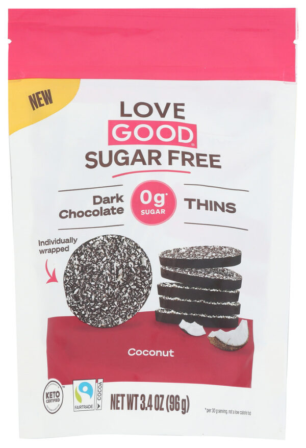LOVE GOOD FATS: Dark Chocolate Thins Coconut, 96 gm