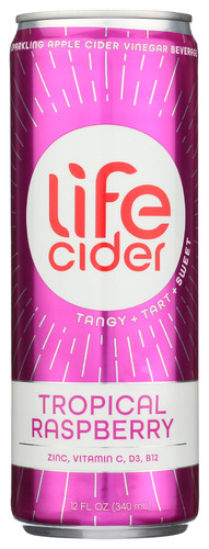 LIFE CIDER: Tropical Raspberry Sparkling Apple Cider Vinegar Lemonade, 12 fo