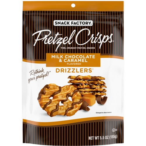 SNACK FACTORY: Milk Chocolate and Caramel Pretzel Crisps Drizzlers, 5.5 oz