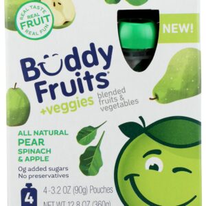 BUDDY FRUITS: Pear Spinach And Apple 4 Pouches Blended Fruits And Vegetables, 12.8 oz
